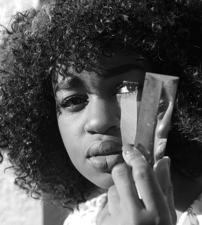 A Black femme-presenting person with a fresh twistout holding a prism.