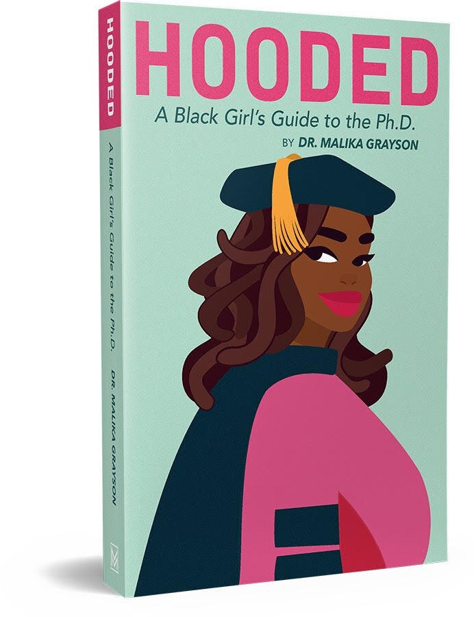 A cover image of Hooded with a cartoon Black woman in her PhD regalia