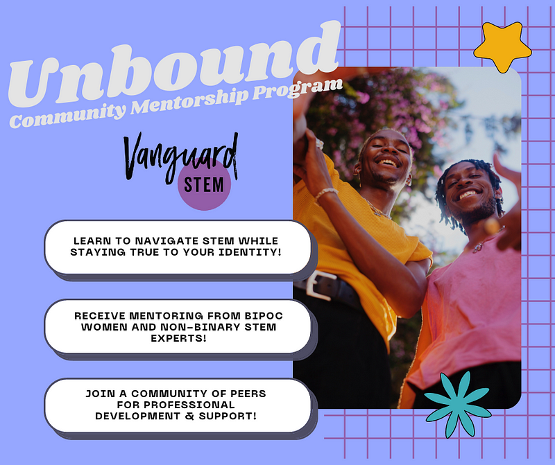 A square flyer for the program. It reads “Unbound Community Mentoring Program” in retro groovy typeface at an angle. Below this is the VanguardSTEM logo: Vanguard in hand-written font with “STEM” in a purple circle below. We highlight three points of the program on the flyer: navigating STEM while maintaining your identity, receiving mentoring from BIPOC women and enby experts, and joining a community of peers for support. On the left is a photo of two Black people in bright colors smiling.