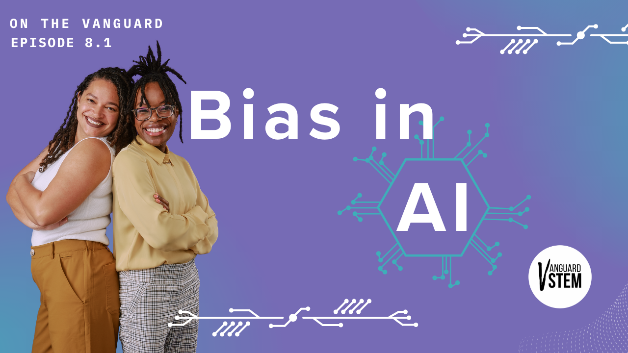 Drs. Arianna Long and Anicca Harriot stand back-to-back next to text reading "Bias in AI"